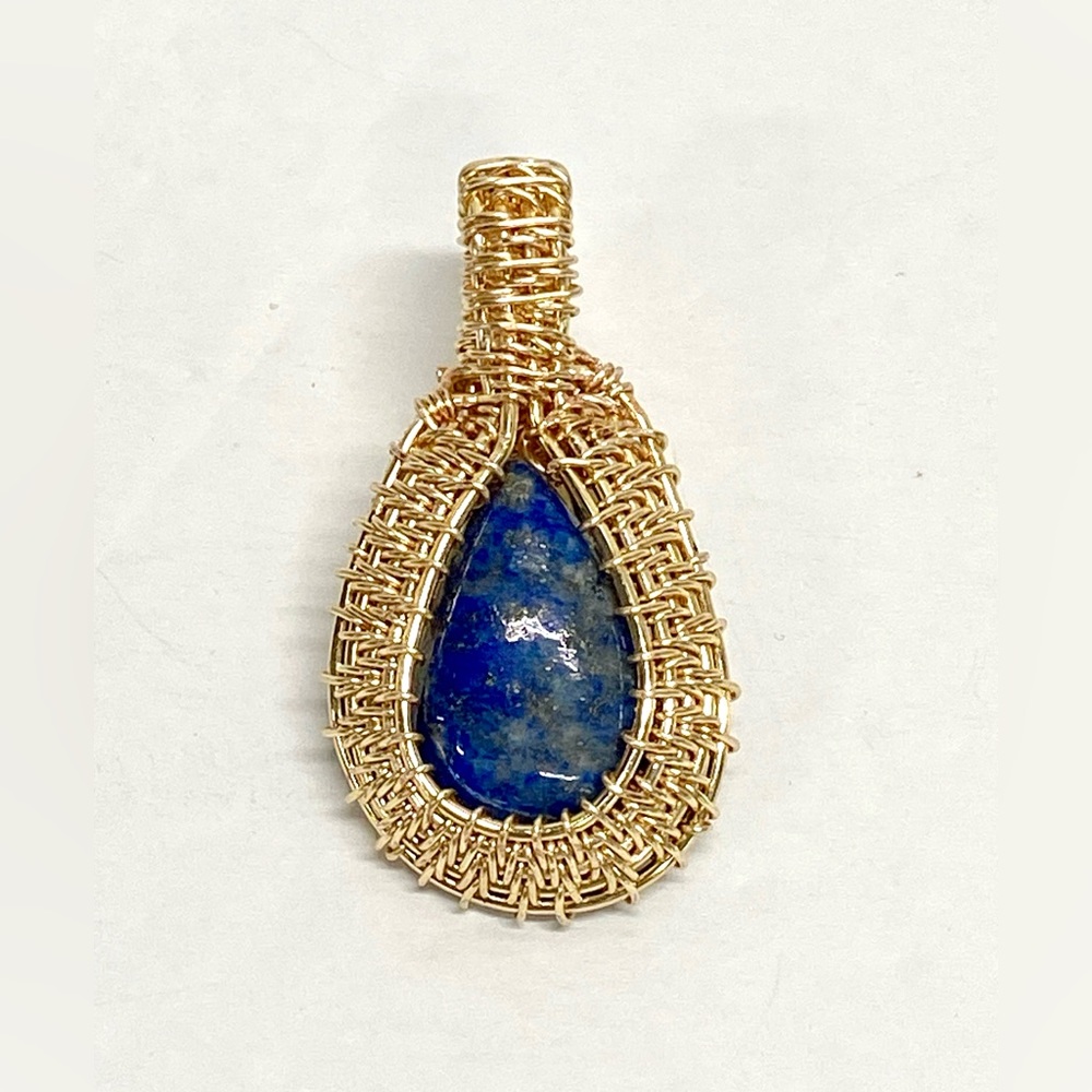 HANDMADE Genuine Lapis Lazuli Hand Wrapped in Gold Plated Wire Statement Pendant